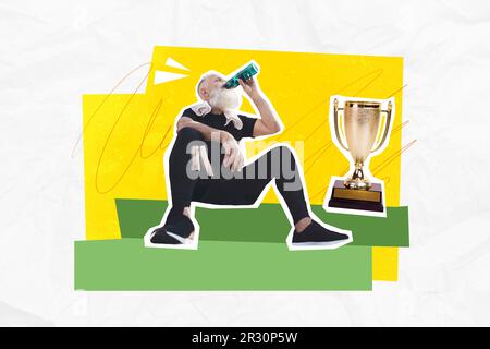 Immagine poster collage sportivo di un anziano dopo l'allenamento seduto dopo il crossfit sfida sfondo isolato disegno Foto Stock