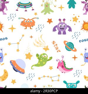 Modello di Space Monsters senza giunture. Elementi dello spazio dei bambini, pianeti carini e alieni Illustrazione Vettoriale