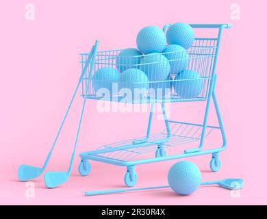 Set di palline come pallacanestro, calcio e golf nel carrello della spesa in bianco e nero Foto Stock
