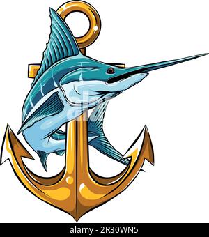 Illustrazione vettoriale del pesce di Marlin con ancora su sfondo bianco Illustrazione Vettoriale