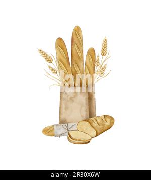 Baguette francesi croccanti in borsa artigianale con mazzo di spikelets di grano, segale, cereali e pane fresco a fette. Proteina e nutrizione di grano intero. Mano Foto Stock