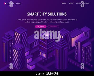 Smart City Solutions landing page isometrica, futuristica città smartcity con alti grattacieli luminosi al neon su sfondo viola. Internet delle cose cyber tecnologie, 3D vettore web banner Illustrazione Vettoriale