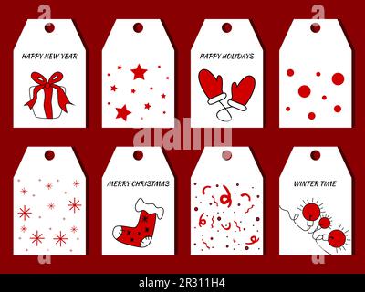 Etichette o etichette regalo di Natale e Capodanno con elementi decorativi carini. Illustrazione Vettoriale