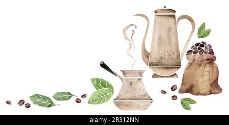 Acquerello composizione disegnata a mano con caffè pentola di rame, cezve, jute sacchetto fagioli foglie cannella bastoni. Isolato su sfondo bianco. Per gli inviti Foto Stock