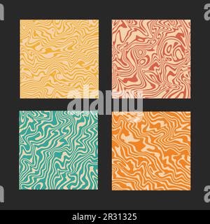 Set di sfondi in stile retrò. Modello di palo ondulato trippy in colori psichedelici. Fantasie divertenti. Design vettoriale y2k estetico. Turbolenza astratta Illustrazione Vettoriale