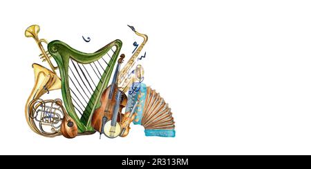 Arpa, violino, contrabbasso e banjo, illustrazione di acquerello di fisarmonica isolata. Strumenti musicali a corda disegnati a mano. Elemento di design per volantino, Liv Foto Stock