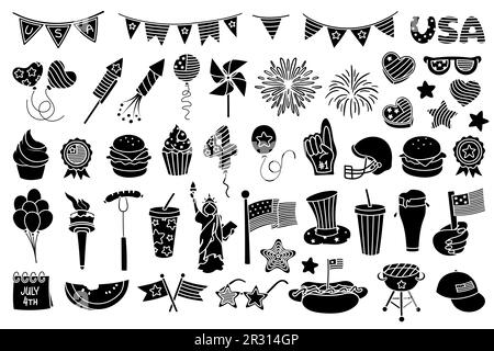 4th luglio, giorno dell'Indipendenza degli Stati Uniti d'America celebrazione illustrazioni a tema, elementi vettoriali disegnati a mano e oggetti. Stile icona nera. Illustrazione Vettoriale