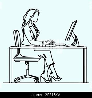 Donne in viaggio d'affari sedute su una sedia da ufficio e che lavorano alla linea di computer art Foto Stock