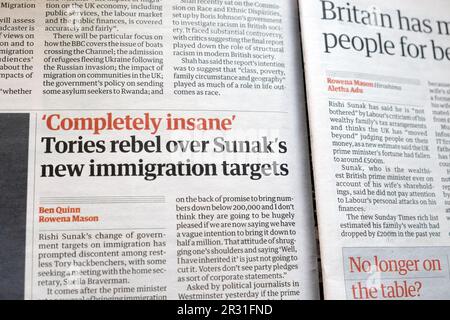 I Tories 'completamente folle' si ribellano sui nuovi obiettivi di immigrazione di Sunak, il titolo del quotidiano Guardian Tory politics articolo 21 maggio 2023 Londra UK Foto Stock