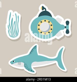 Carino set di adesivi vettoriali con sottomarino, squalo, alghe.Underwater cartone animato creature.Marine Animals.cute Ocean illustrazione per tessuto, bambini Illustrazione Vettoriale