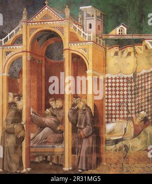 GIOTTO di Bondone (1267, Vespignano, 1337, Firenze) leggenda di San Francesco: 21. Apparizione a fra Agostino e al Vescovo di Arezzo Guido 1300 Fr Foto Stock