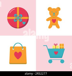 Romantico icona di San Valentino in stile piatto. I simboli dell'amore includono la scatola del regalo, il giocattolo dell'orso del teddy, la borsa di shopping con il cuore, il carrello di shopping con i regali. Illustrazione Vettoriale