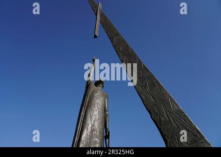 Monumento a Pitagora filosofo greco e matematico, Samos Pitagorion, Mar Egeo meridionale, Arcipelago Dodecanese, Arcipelago delle dodici Isole Foto Stock