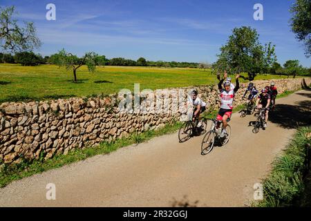 Ciclistas een el camino de Cala Pí, Llucmajor, Mallorca, Islas Baleares, España, Europa. Foto Stock
