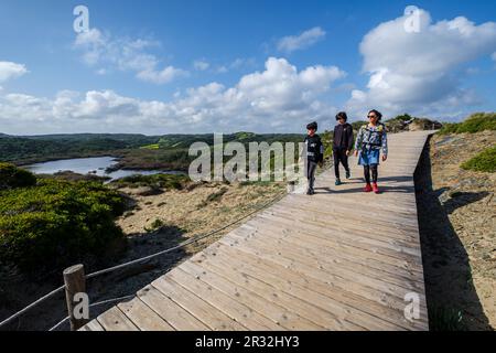 Passerella in legno a Cala Tortuga e bassa de Morella, Parco Naturale S'Albufera des Grau, Minorca, Isole Baleari, Spagna. Foto Stock