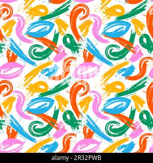 Tratti di pennello astratti colorati motivo senza cuciture. Pittura di sfondo espressionista moderno. Disordinato graffiti 1970 vintage sketch, mano libera ruvida disegno a mano. Design Y2K creativo e vivace. Illustrazione Vettoriale