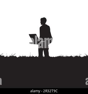 Una silhouette di una persona con un computer portatile davanti a uno sfondo bianco. Illustrazione Vettoriale