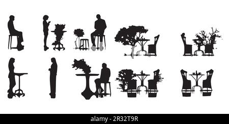 Un uomo siede a un tavolo con un albero sullo sfondo. Illustrazione Vettoriale