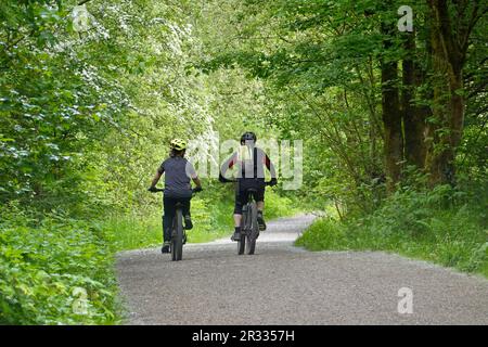 Due persone in bicicletta sul Sentiero della valle di Sett, Derbyshire Foto Stock