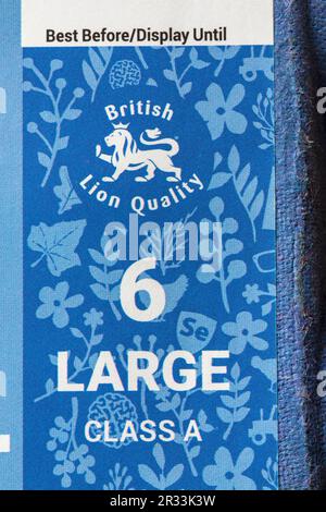 Simbolo del logo British Lion Quality sulla scatola di St Ewe Delicious free range uova originale 6 Large classe A. Foto Stock