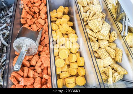 Vendita ravvicinata di prodotti semilavorati congelati in un negozio di alimentari Foto Stock