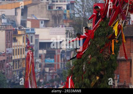 Kathmandu, Nepal. 22nd maggio, 2023. Il 22 maggio 2023, a Lalitpur, Nepal. I devoti in cima al carro istruiscono l'estrattore di carri durante l'ultimo giorno di un mese di festa di processione di carri della divinità 'Rato Machhindranath'. Il festival della processione dei carri "Rato Machhindranath" è una processione di carri di un mese che si svolge intorno alle strette strade locali di Patan. Nel frattempo, è venerato come il dio della pioggia e del raccolto. (Foto di Abhishek Maharjan/Sipa USA) Credit: Sipa USA/Alamy Live News Foto Stock