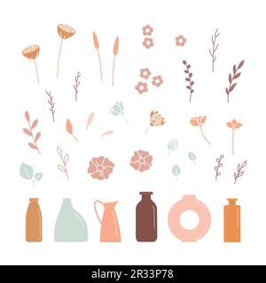 Boho astratto vaso fiori vintage creatore. Bouquet minimalista per stampe, poster, biglietti da visita, decorazioni da parete. Illustrazione Vettoriale