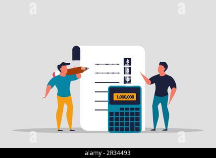 Calcolare il budget del progetto e stimarne il costo. Risorse necessarie per completare il progetto dell'azienda. Fattura per pagamento, imposta sul reddito, credito con Illustrazione Vettoriale