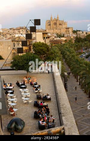 terraza de es Baluard y catedral, Paseo Maritimo.Palma.Mallorca.Baleares.España. Foto Stock