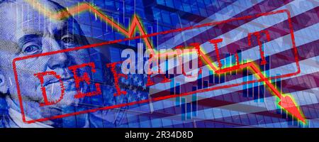 Iscrizione di DEFAULT rossa sullo sfondo delle classifiche US flag e Falling stock Foto Stock