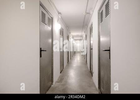 Un lungo corridoio fiancheggiato da porte di stoccaggio in metallo al piano terra di un edificio residenziale con pareti dipinte di bianco e pavimenti in cemento lucidato Foto Stock