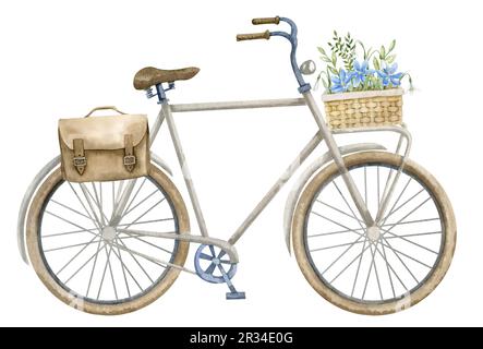 Bicicletta urbana con cesto di fiori blu e borsa in pelle. Illustrazione a colori disegnata a mano del vecchio trasporto urbano retrò su sfondo bianco isolato. Disegno di un ciclo d'annata per viaggiare in una città. Foto Stock