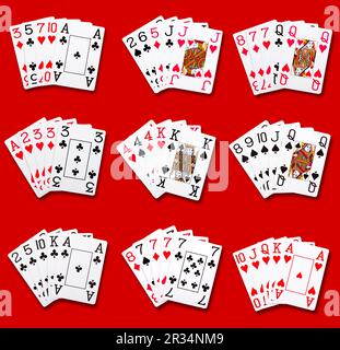 Poker classifiche combinazioni isolato su rosso Foto Stock