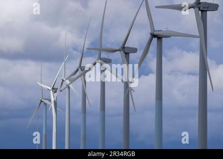 Parque eólico Cuesta Colorada, Tébar, Atalaya Cañavete, Spagna. Foto Stock