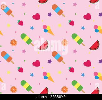 Coloratissimo motivo estivo senza cuciture con frutta tropicale e gelato su sfondo rosa. Illustrazione Vettoriale
