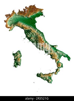 Italia. Rendering 3D estremamente dettagliato di una mappa in rilievo ombreggiata con fiumi e laghi. Colorato dall'elevazione. Sfondo bianco. Creato con i dati satellitari. Foto Stock