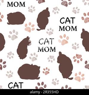 La zampa della silhouette Cat stampa il testo della mamma Cat. Design in tessuto senza cuciture Illustrazione Vettoriale