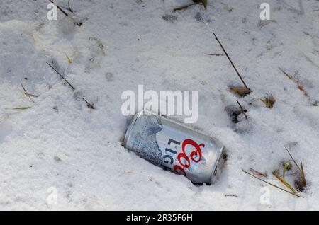 Lattina vuota di birra leggera Coors appoggiata a terra. Quebec, Canada Foto Stock