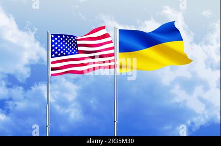 L'America e l'Ucraina bandierano insieme contro il cielo blu Foto Stock
