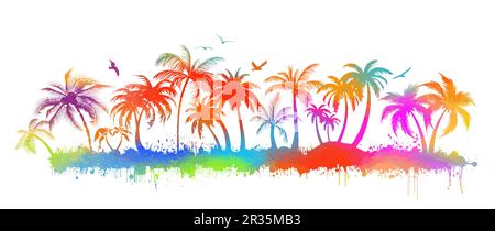 Palme silhouette colorata. Linea costiera. Lungo skyline con palme. Blot iridescenti astratti. Illustrazione vettoriale Illustrazione Vettoriale