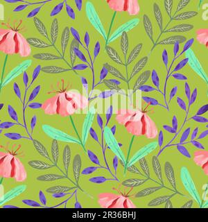 Motivo senza cuciture con fiori rosa astratti e vari elementi botanici acquerelli. Illustrazione vettoriale disegnata a mano. Illustrazione Vettoriale