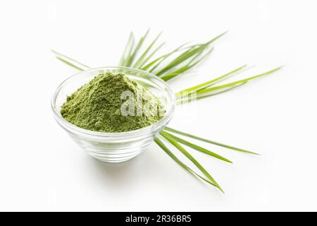 Polvere di erba di grano in una ciotola di vetro su una superficie bianca Foto Stock