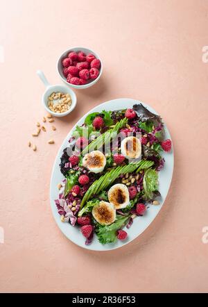 Insalata mista di foglie con avocado, lamponi, formaggio di capra e pinoli Foto Stock