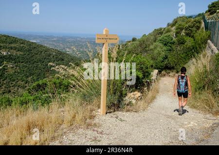 Donna escursioni nel Puig de cura, Algaida, Maiorca, Isole Baleari, Spagna. Foto Stock