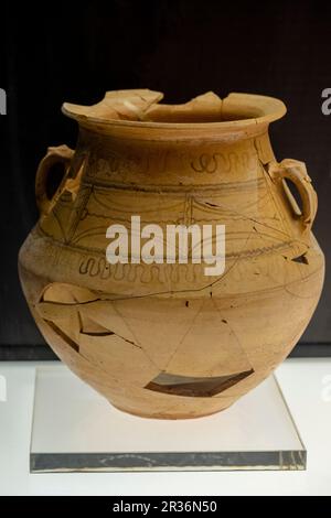 Vasija pintada para guardar alimentos, Necrópolis de Carratiermes, siglo I d.C. museo del Yacimiento Arqueológico de Tiermes, Soria, Comunidad Autónoma de Castilla y León, Spagna, Europa. Foto Stock