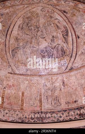 Incoronazione di Maria per suo figlio Gesù Cristo, pitture murali di Osia, XIII secolo, affresco strappato e trasferito su tela, provengono dall'eremo di Nuestra Señora del Rosario, Osia, Museo Diocesano di Jaca, Huesca, Spagna. Foto Stock