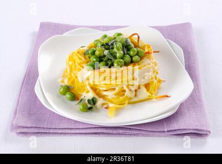 Nidi si tagliolini con fonduta (nido di pasta italiana con salsa al formaggio) Foto Stock