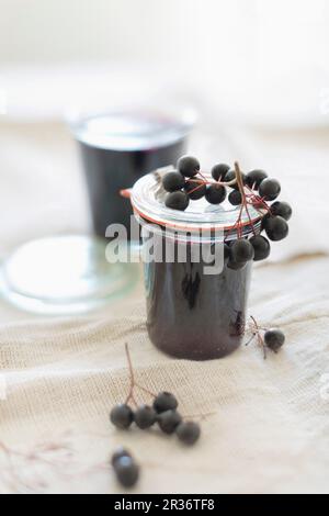 Gelatina di frutti di aronia fatta in casa in vasetti di vetro con frutti di aronia freschi Foto Stock