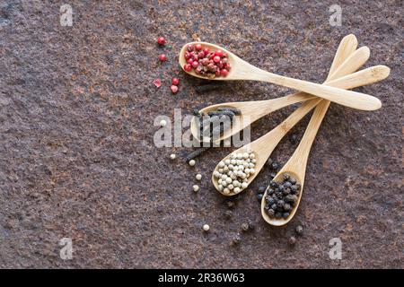 Quattro diversi tipi di pepe su cucchiai di legno Foto Stock