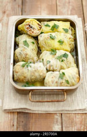 Involtini di cavolo di Savoia farciti con pollo, feta, grano saraceno e orzo Foto Stock